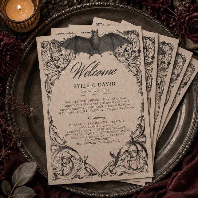 Victorian Bat Until Death Black & Tan Wedding Program (Creator Uploaded)