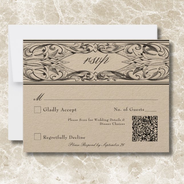 Victorian Bat Until Death Black & Tan Wedding RSVP Card (Victorian Bat Until Death Black & Tan Wedding RSVP Card)