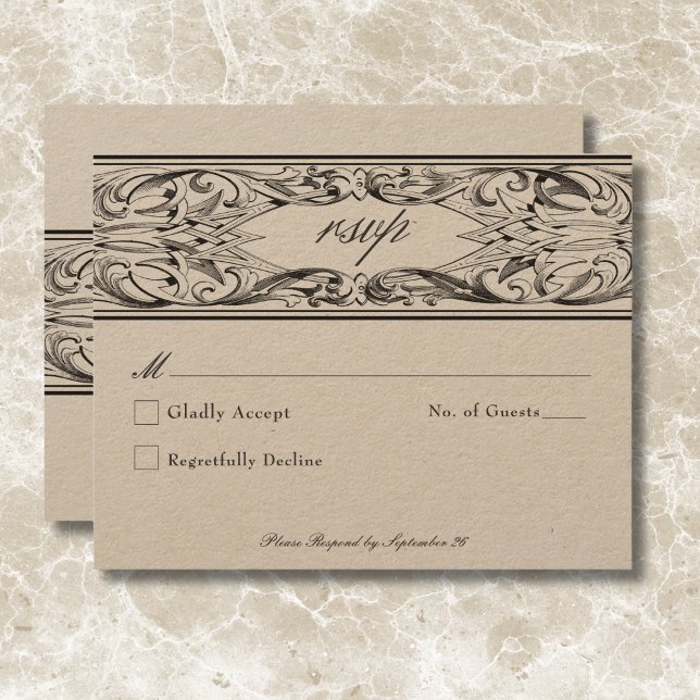 Victorian Bat Until Death Black & Tan Wedding RSVP Card (Victorian Bat Until Death Black & Tan Wedding RSVP Card)