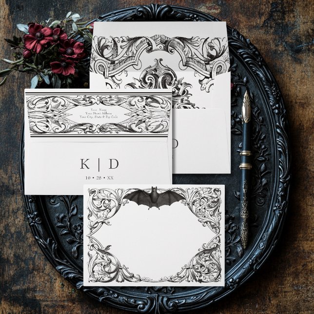 Victorian Bat Until Death Black & White Wedding Envelope (Creator Uploaded)