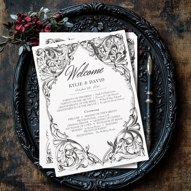 Victorian Bat Until Death Black & White Wedding Program (Creator Uploaded)