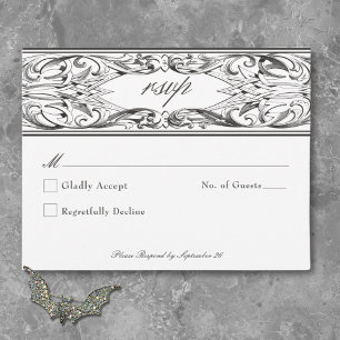 Victorian Bat Until Death Black & White Wedding RSVP Card