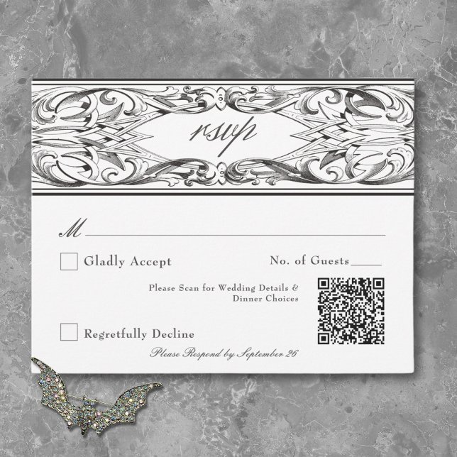Victorian Bat Until Death Black & White Wedding RSVP Card (Victorian Bat Until Death Black & White Wedding RSVP Card)