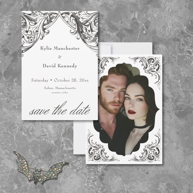 Victorian Bat Until Death Black White Wedding Save The Date (Victorian Bat Until Death Black White Wedding Save The Date)