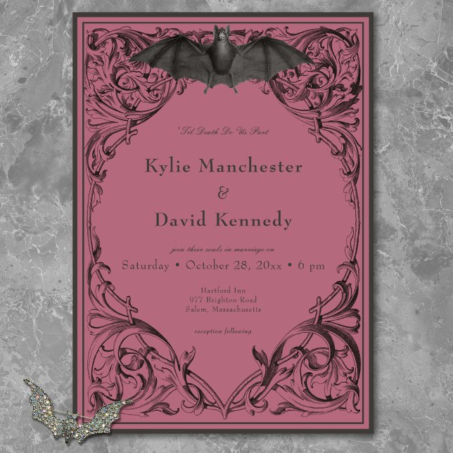 Victorian Bat Until Death Black & Wine Wedding Invitation (Victorian Bat Until Death Black & Wine Wedding Invitation)