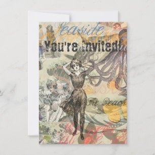 Victorian Bathing Beauty Kraken Vintage Surrealism Invitation