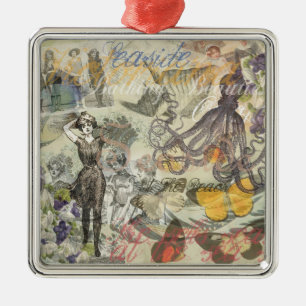 Victorian Bathing Beauty Kraken Vintage Surrealism Metal Ornament
