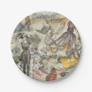 Victorian Bathing Beauty Kraken Vintage Surrealism Paper Plate