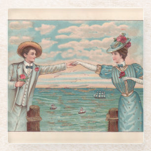 Victorian Beach Love Dressy Ocean Wedding Couple Glass Coaster