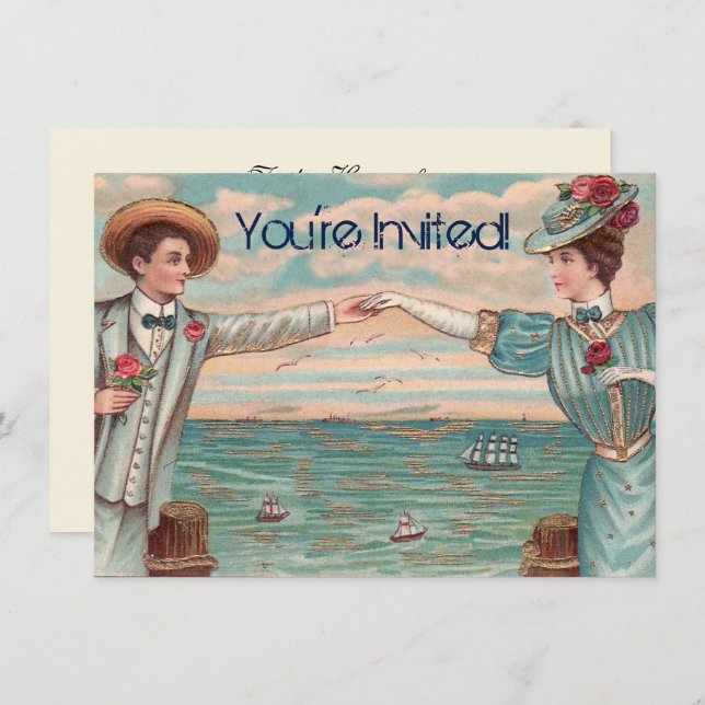 Victorian Beach Love Dressy Ocean Wedding Couple Invitation (Front/Back)