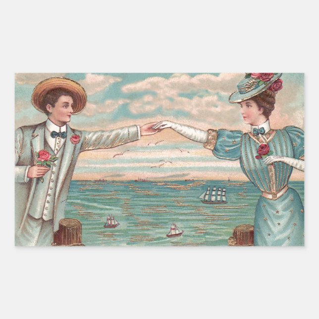 Victorian Beach Love Dressy Ocean Wedding Couple Rectangular Sticker (Front)