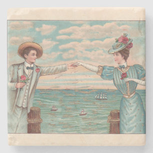 Victorian Beach Love Dressy Ocean Wedding Couple Stone Coaster