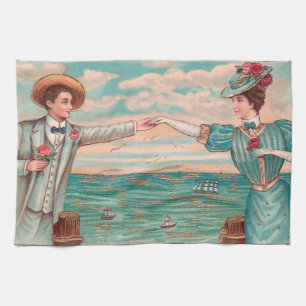 Victorian Beach Love Dressy Ocean Wedding Couple Tea Towel