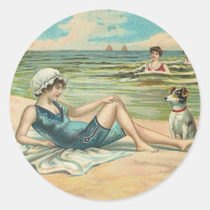 Victorian Beach Swim Girl Ocean Summer Vacation Classic Round Sticker
