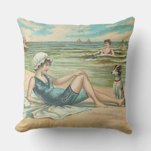 Victorian Beach Swim Girl Ocean Summer Vacation Cushion