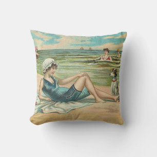 Victorian Beach Swim Girl Ocean Summer Vacation Cushion