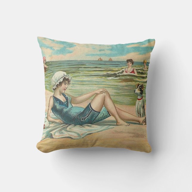 Victorian Beach Swim Girl Ocean Summer Vacation Cushion (Front)