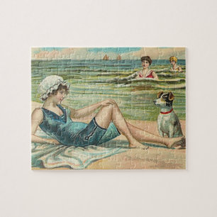 Victorian Beach Swim Girl Ocean Summer Vacation Jigsaw Puzzle