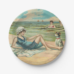 Victorian Beach Swim Girl Ocean Summer Vacation Paper Plate