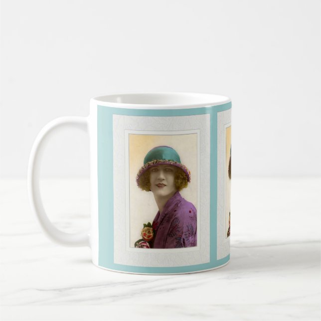 Victorian beauty in hat purple teal dress coffee mug (Left)