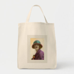 Victorian beauty in hat purple teal dress tote bag