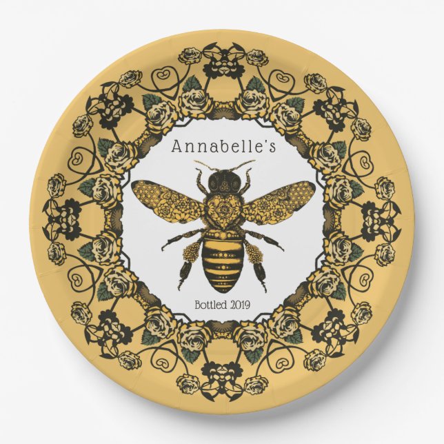 Victorian Bee Honey Label Personalize Paper Plate (Front)