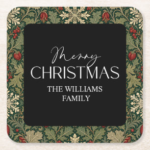 Victorian Berries Dark Botanical Christmas Square Paper Coaster