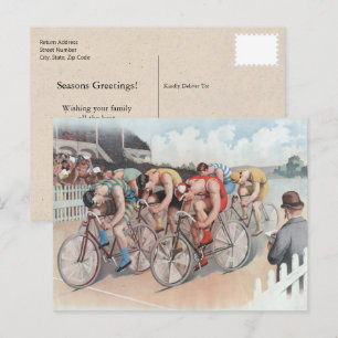 Victorian Bicycle Race Watercolor Holiday Postcard