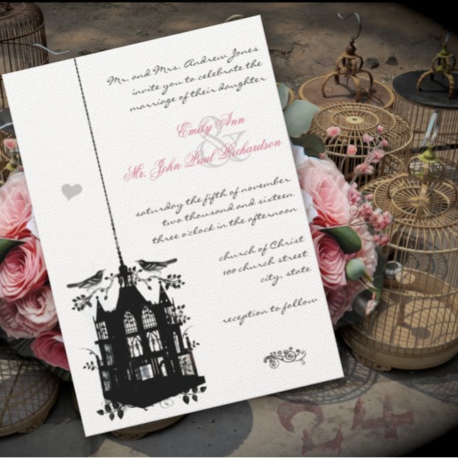 Victorian Bird Cage Pink & Black Wedding Invite (Creator Uploaded)