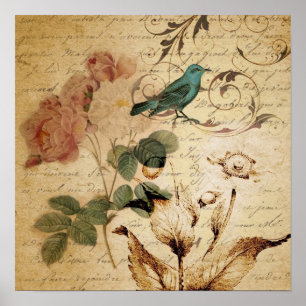 victorian bird Paris French Botanical Rose Poster
