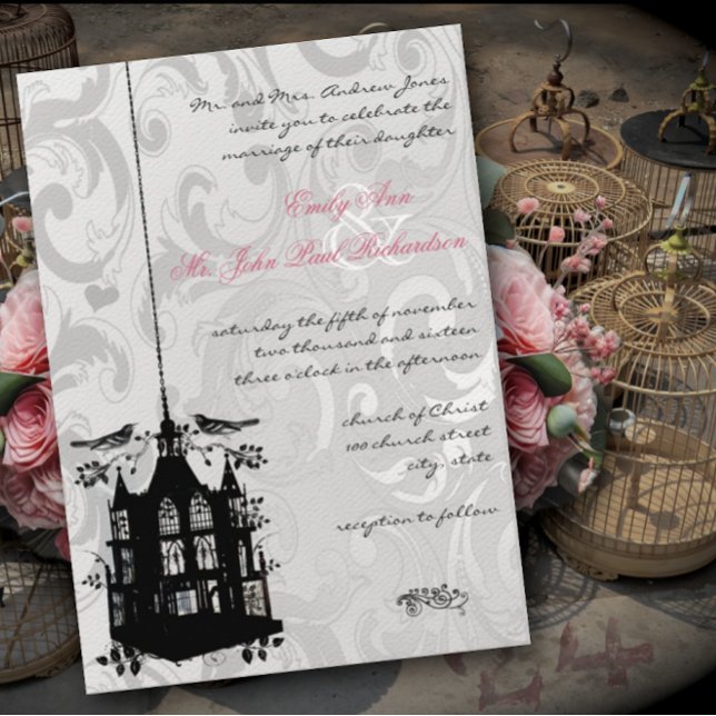 Victorian Birdcage Silver & Pink Wedding Invite (Creator Uploaded)