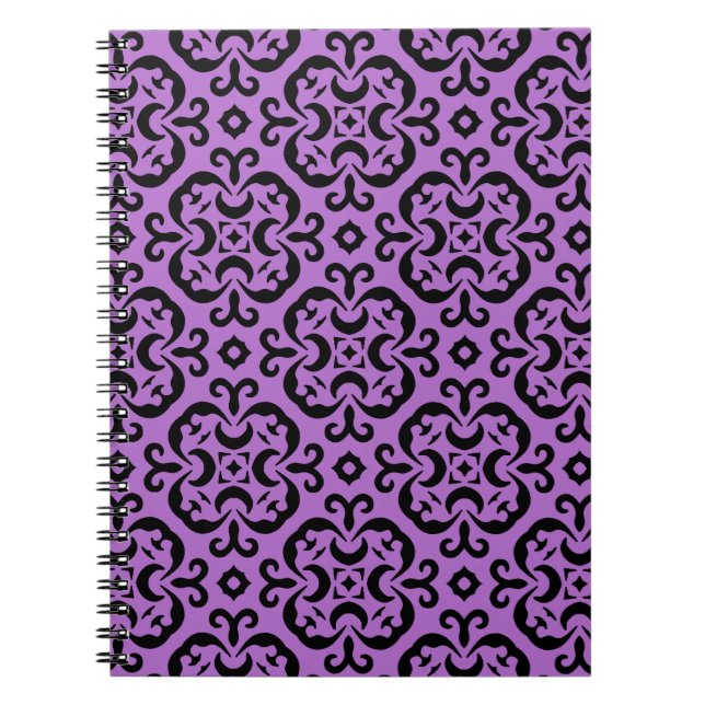 Victorian black and purple kaleidoscopic damask notebook (Front)