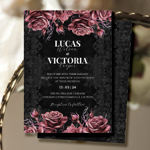 Victorian Black and Red Floral Gothic Wedding Invitation