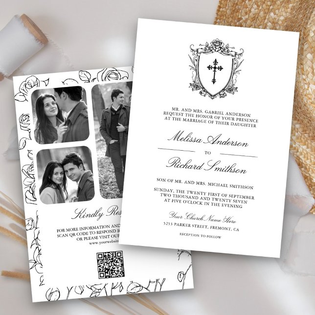 Victorian Black and White Catholic QR Code Wedding Invitation (Creator Uploaded)