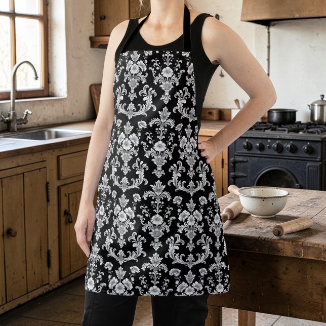 Victorian Black and White Damask Pattern Apron (Creator Uploaded)