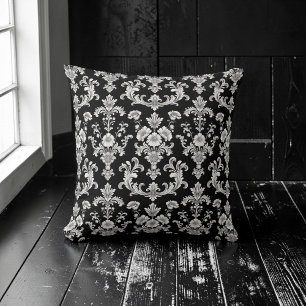 Victorian Black and White Damask Pattern Cushion