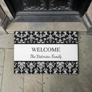 Victorian Black and White Damask Pattern Doormat