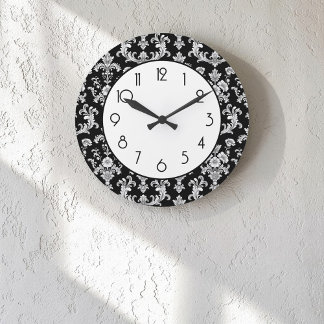 Victorian Black and White Damask Pattern Large Clock