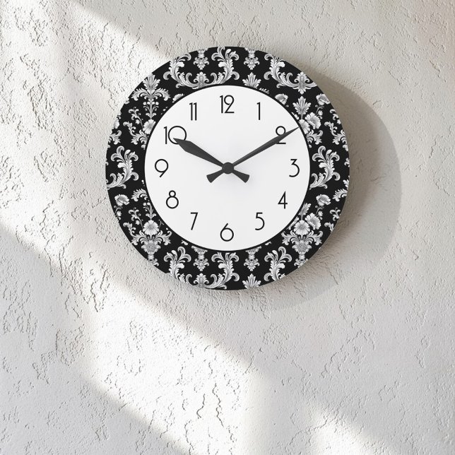 Victorian Black and White Damask Pattern Large Clock (Creator Uploaded)