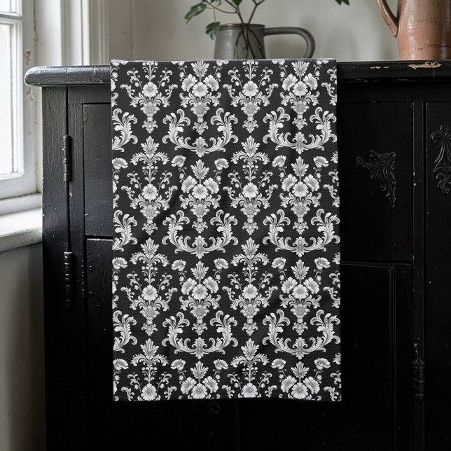 Victorian Black and White Damask Pattern Tea Towel (Creator Uploaded)