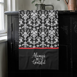 Victorian Black and White Damask Pattern Tea Towel