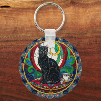 Victorian Black Cat Art Keychain, Vintage Cats Key Ring