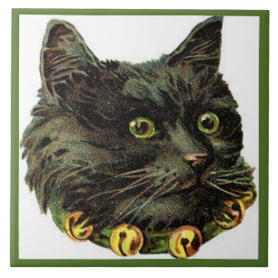 Victorian black cat with bell collar ceramic tile