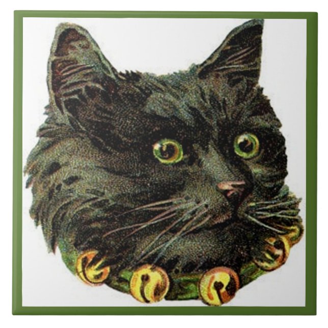 Victorian black cat with bell collar ceramic tile (Front)