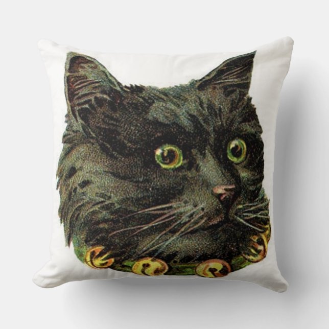 Victorian black cat with bell collar cushion (Front)