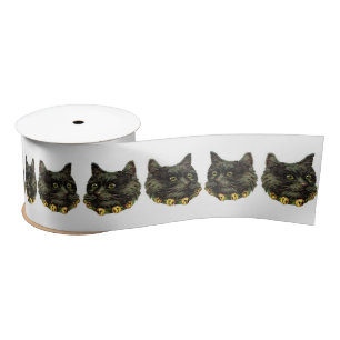 Victorian black cat with bell collar square satin ribbon