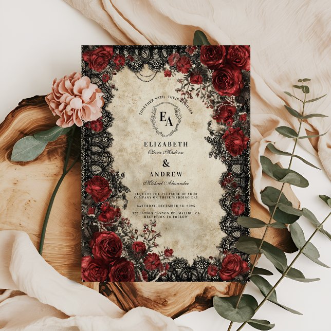Victorian Black Lace and Crimson Blooms Invitation (Creator Uploaded)