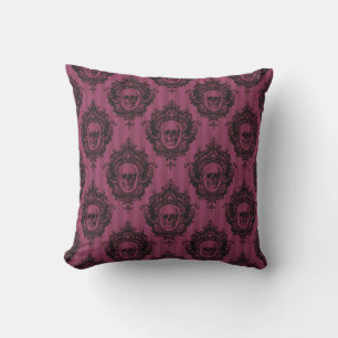 Victorian Black Skulls Pattern Pink Halloween Cushion