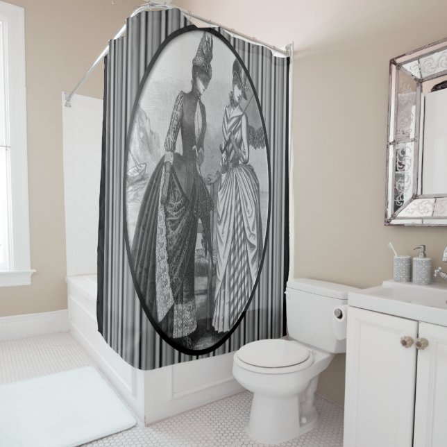 Victorian black white lady stripe showercurtain shower curtain (In Situ)