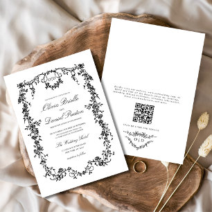 Victorian Black White QR Code Floral Wedding Invitation